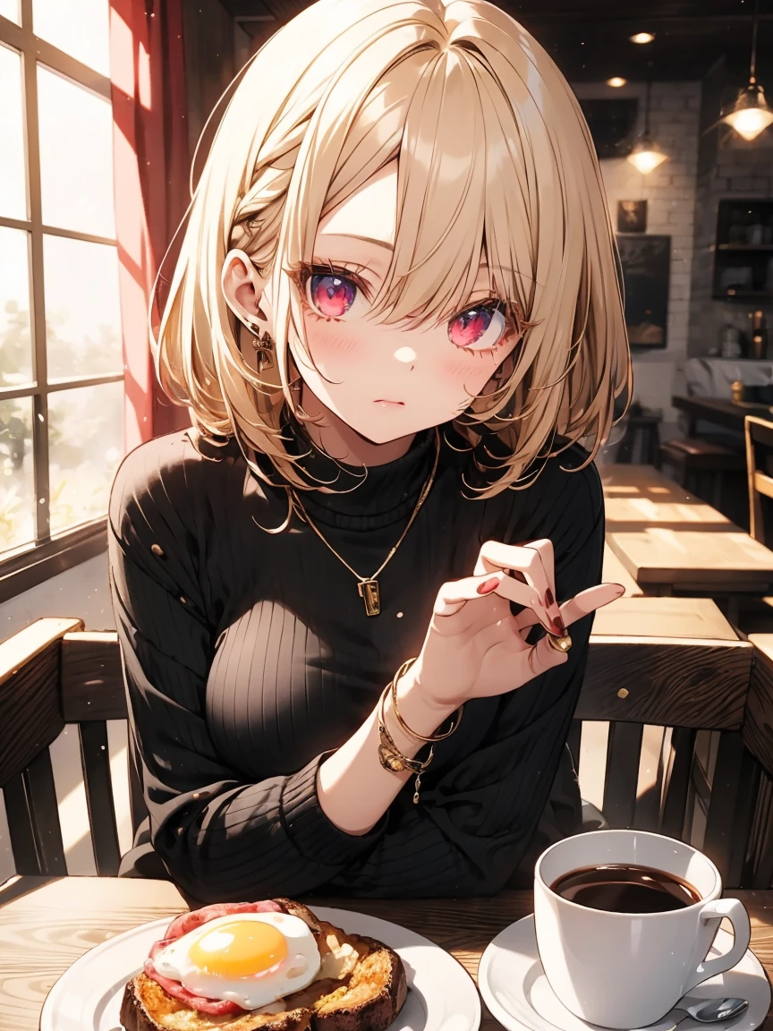 masterpiece, absurdres, best quality, ultra detailed, high Resolution, detailed illustration, (sfw), 1girl, (li), cute face, detailed face, magenta eyes, cute eyes, sparkling eyes, big eyes, medium breasts, perky breasts, pointy breasts, medium hips, glamorous body, Surprised, BREAK, long bob cut, (blonde hair:0.8), messy hair, detailed hair, BREAK sweater, long skirt, tiny ribbon, breakfast, fried egg, coffee, real world, natural lights, perfect lighting,