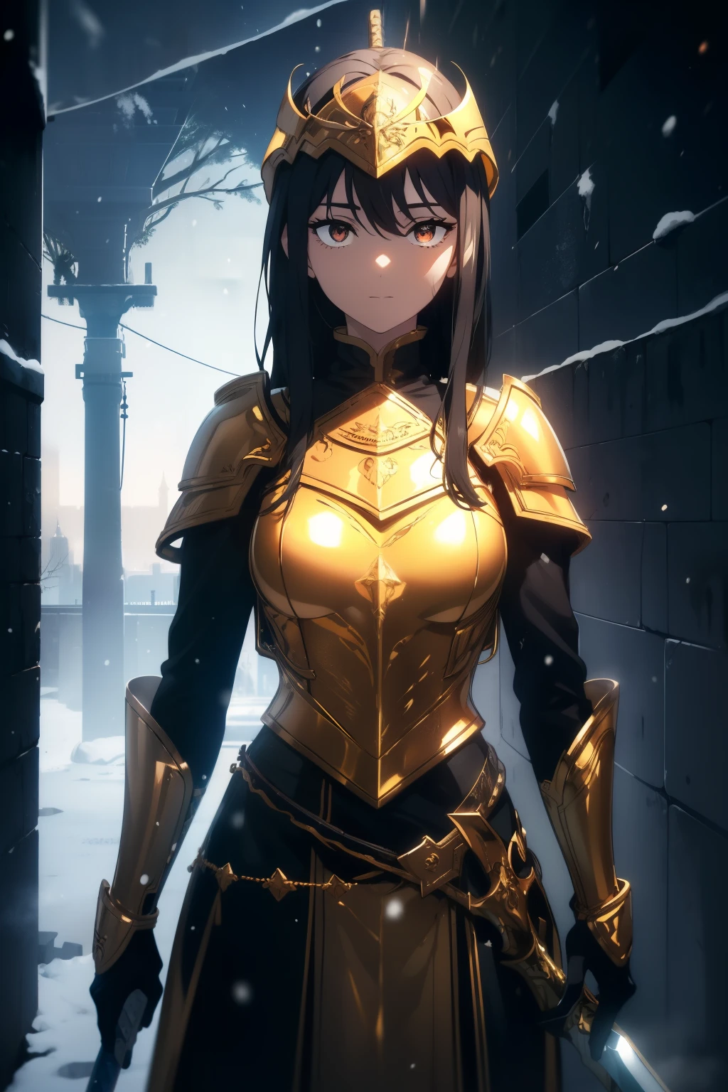 ((Obra maestra, La mejor calidad, ultrahigh resolution)), (((a girl in a suit of golden armor, standing confidently, wielding sword, swinging sword, ready to fight))), ((((soldier, clad in golden steel armor, golden plate armor)))), (((wearing golden roman helmet, closed golden roman helmet))), (((fierce))), (((black hair, dark black hair))), long hair cut, pale skin, ((brown eyes)), glowing_eyes, neon eyes, (ultra detailed eyes:0.7, beautiful and detailed face, detailed eyes:0.9), ((centered)), smile, ((wide shot)), facing viewer, eye level, ((vibrant background, snowy landscape, cityscape, snowing, snow)), flat chested, looking at viewer, ((half closed eyes)), ((perfect hands)), (((head:1, arms, hips, elbows, in view))), ((hands behind back)), empty eyes, beautiful lighting, outside, outdoors, background, defined subject, 25 years old, (head tilt)