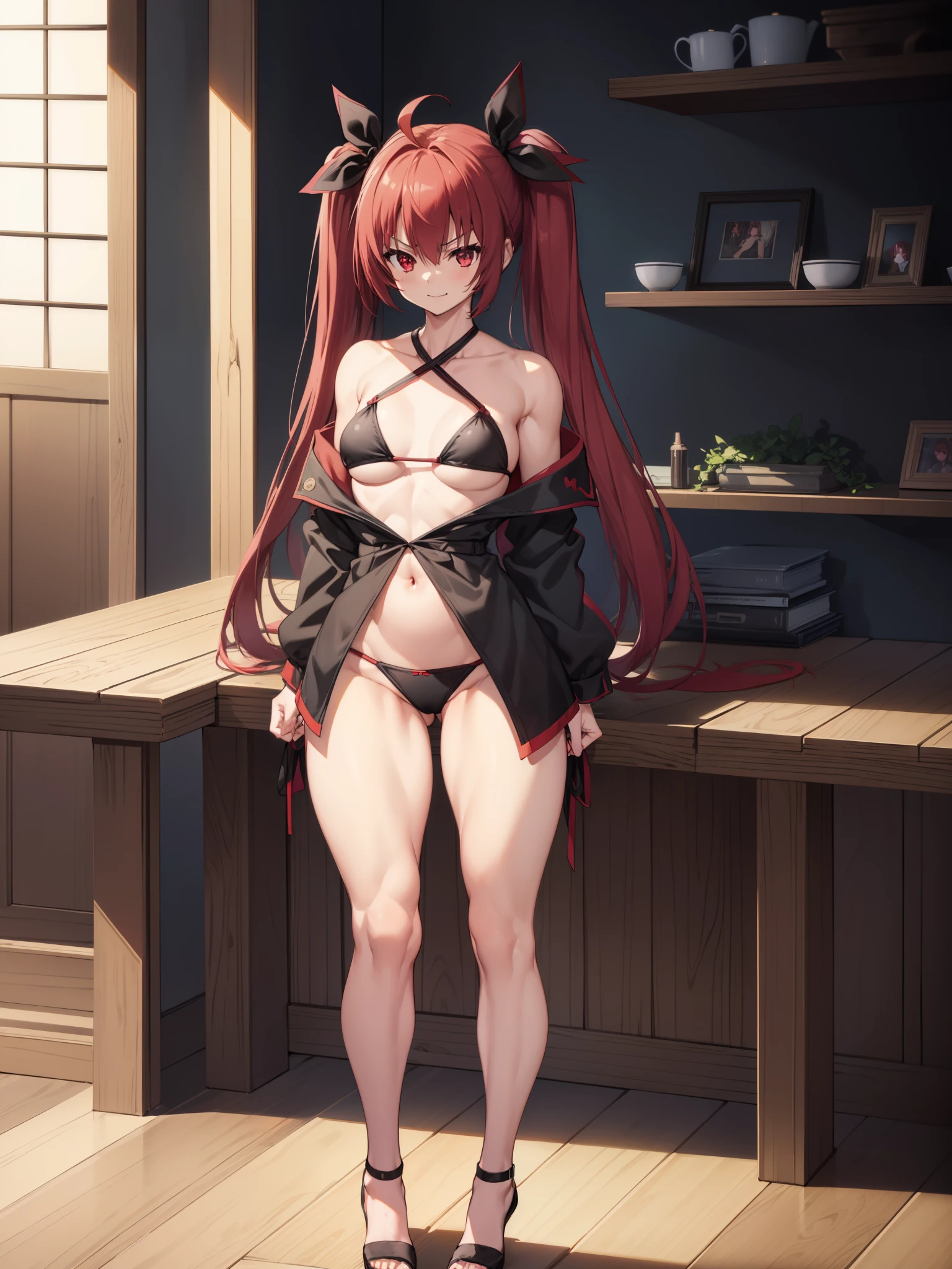 (((1 girl))), Kotori Itsuka, long hair, (red eyes:1.5), red hair, Ahoge, (flat chest:1.2),
break (wearing a very sexy short bikini), twintails, hair ribbon, black ribbon, tie, shapely legs, (medium boobs), muscular thighs, muscular belly,
break looking at the viewer, (showing big ass), standing, thin waist, wide hips, wearing a black high heel shoe, full body photo, smiling, angry, chair, arms crossed,
BREAK-IN inside the house,
break (masterpiece:1.2), best quality, highest resolution, Unity 8k wallpaper, (插圖:0.8), (beautiful detailed eyes:1.6), Extremely detailed face, perfect lighting, extremely detailed CG, (perfect hands, anatomy perfect),