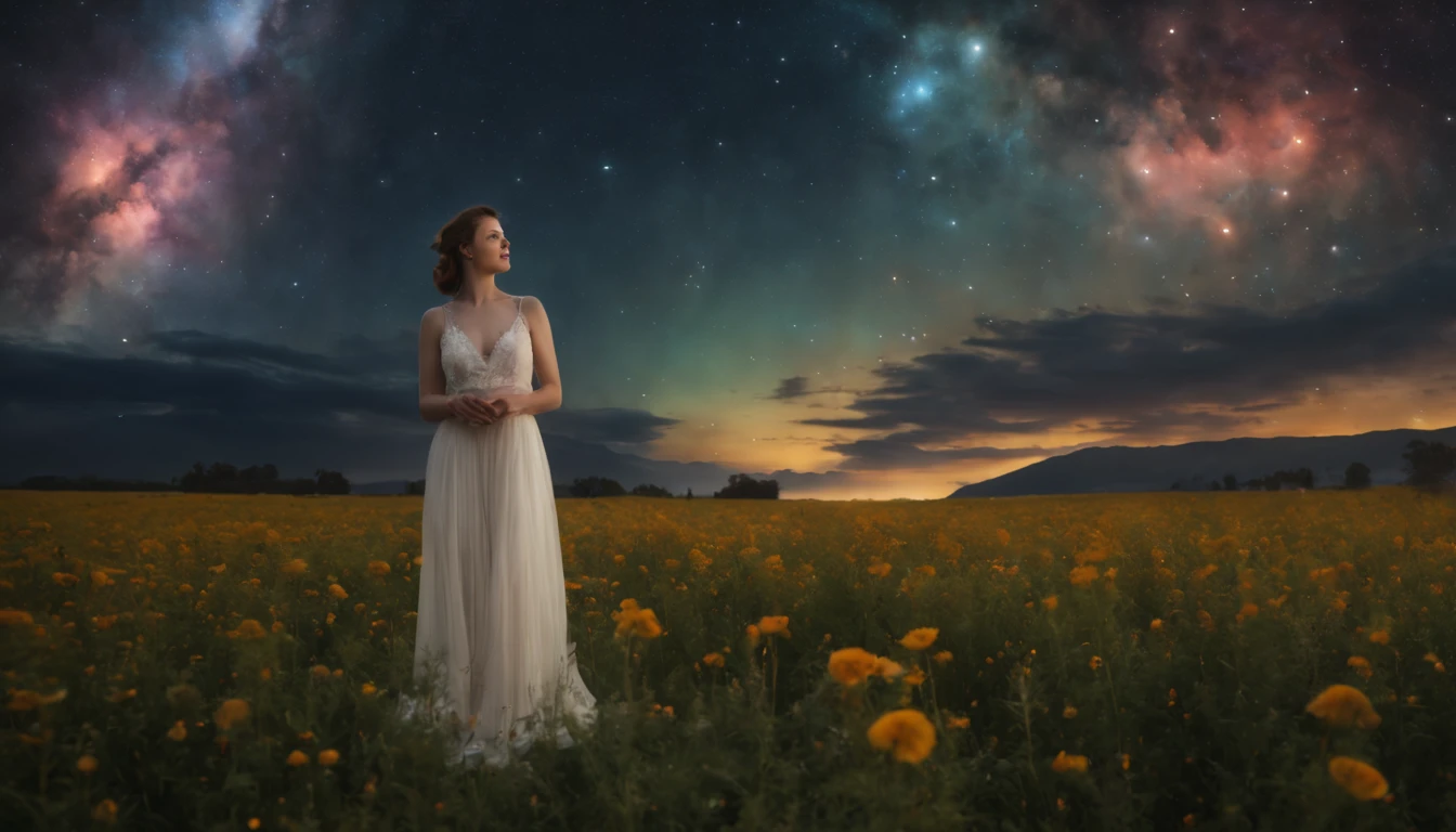 ((melhor qualidade)), ((master part)), Vasta foto de paisagem, (de baixo, The sky above and the open field below), a girl standing on a flower field looking up, (lua cheia: 1.2), (Meteoro: 0.9), (nebula: 1.3), Montanhas distantes, Trees BREAK Making Art, (Fonte de Luz Quente: 1.2), (Pirilampo: 1.2), lamps, Muito roxo e laranja, Detalhamento intrincado, Volumetric lighting, Realismo BREAK (master part: 1.2), (melhor qualidade), 4k, ultra-detalhado, (dynamic compositing: 1.4), Very detailed, Riqueza de detalhes, (Cores iridescentes: 1.2), (brilhar, Atmospheric Illumination), sonhador, magica, (sozinho: 1.2), profundidade de campo, Maximum Sharpness and Clarity, perfectly proportions,