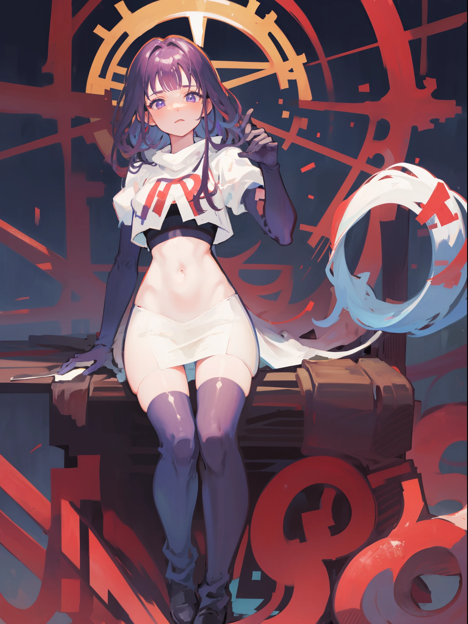 (Highest quality,Masterpiece,8k),((Pale skin)),1girll,Solo Woman,((Genshin_impact,Raiden general)), Sexy beautiful anime girl,Raiden general, Mole under eye, Long purple hair, hair ornaments, rosy lips,Anime mouth, A sexy mature woman,Detailed eyeusty figure, team rocket,team rocket uniform, red letter R, white skirt,white crop top,black thigh-highs,black elbow gloves,