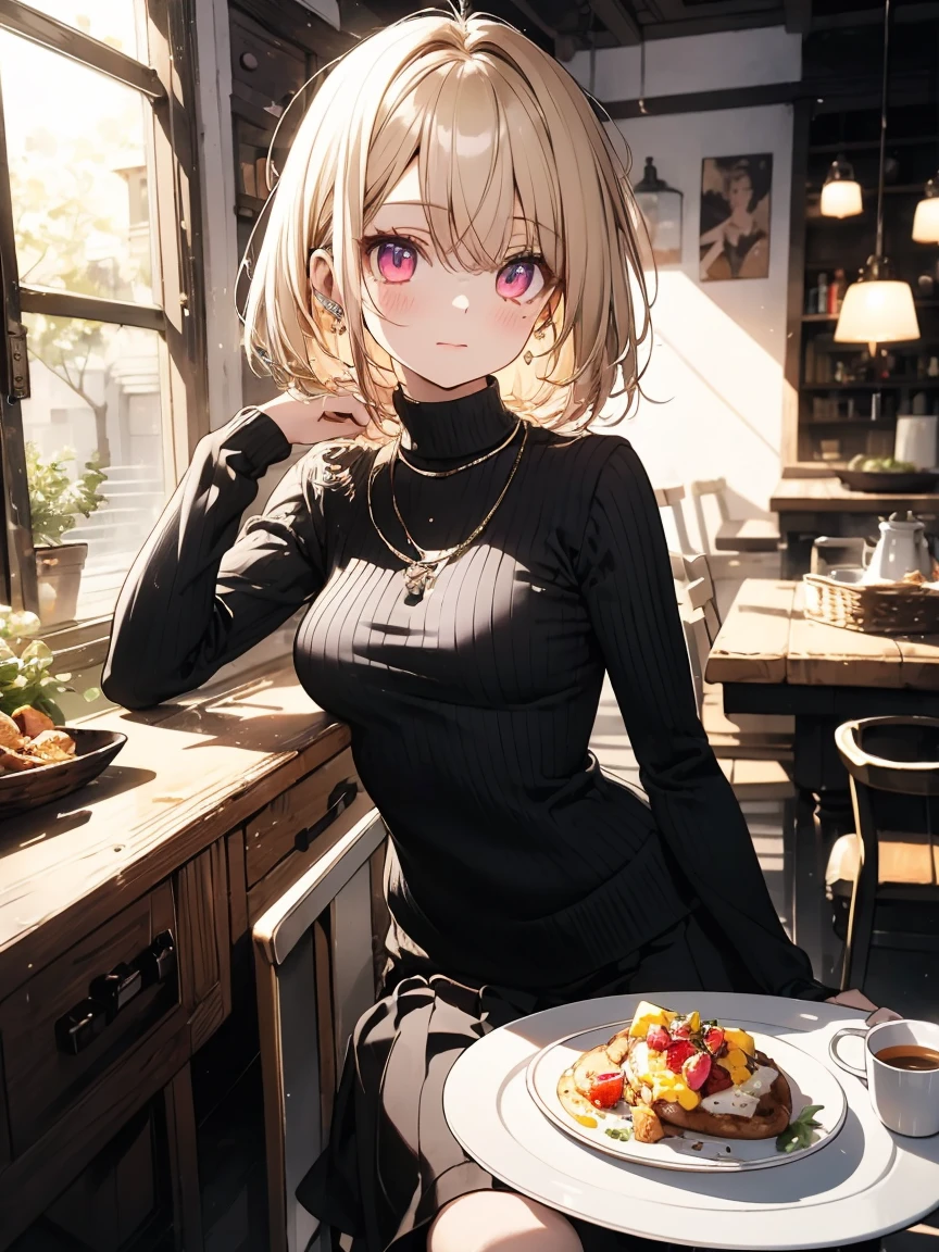 masterpiece, absurdres, best quality, ultra detailed, high Resolution, detailed illustration, (sfw), 1girl, (loli), cute face, detailed face, magenta eyes, cute eyes, sparkling eyes, big eyes, medium breasts, perky breasts, pointy breasts, medium hips, glamorous body, Surprised, BREAK, long bob cut, (blonde hair:0.8), messy hair, detailed hair, BREAK sweater, long skirt, tiny ribbon,  breakfast, fried egg, coffee, real world, natural lights, perfect lighting,