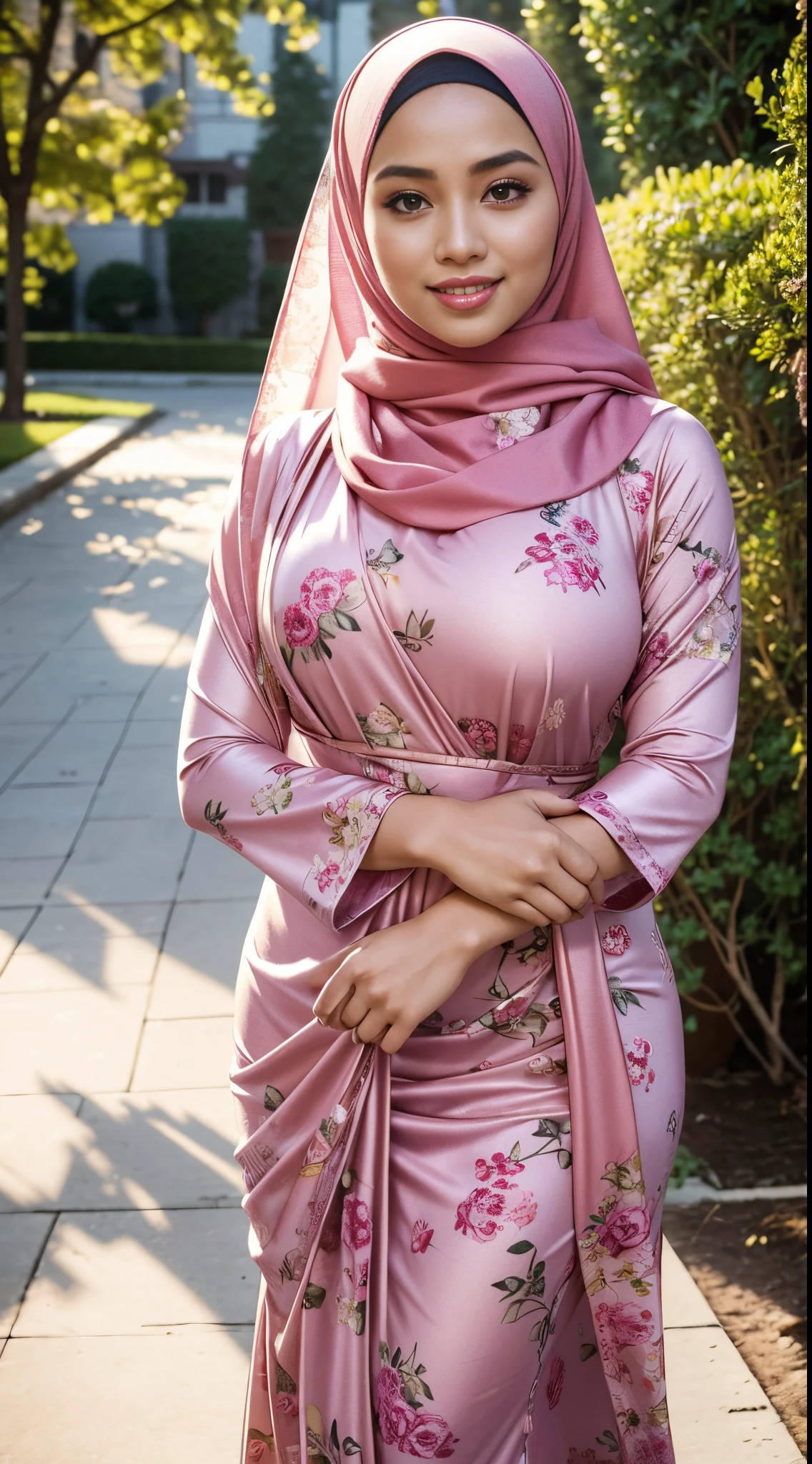 RAW, Best quality, high resolution, masterpiece: 1.3), beautiful Malay woman in hijab,Masterpiece, perfect fit body, ((Huge breast)), biggorgeous eyes, Soft smile,muslim woman in a floral dress and hijab posing for a picture, hijab, with lovely look, with beautiful colors, with accurate face, pose 4 of 1 6, traditional beauty, batik, wearing beautiful clothes, beutifull, with beautiful exotic, attractive pose, cute pose, peach and goma style, scarf, wearing pink floral chiton, very attractive , she is smiling,Delicate turtleneck, necklace, shairband, afternoon walk, City garden, Excellent lighting, Bright colors, Clean lines