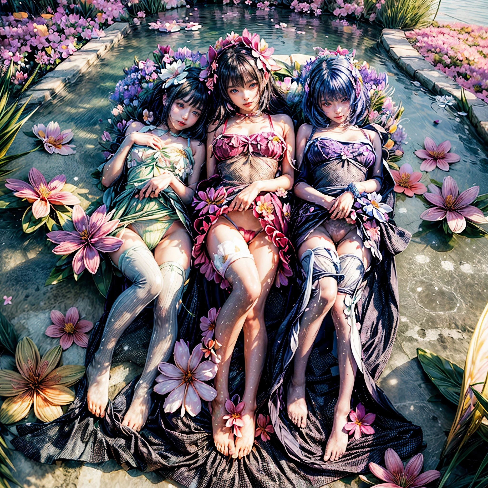 (((4 KAWAII girls laying in a colorful flower space, full of flowers))), ((SFW)), (Acutance), (Exposed:1.2), (Nipple:-0.9), (Detailed KAWAII Face variations), { Sailor collar Uniform | Delicate white lace knitted wear | Delicate bikini made only from flowers }, { Swaguchi Aika | Navel | pretty Ass | Overflowing sideboob | laying on stomach }, { laughing | evil smile | :D }, ( oiled glistening skin), (fullbody:1.2), various color hair, {short bob|bung hair|low twin tail hair}, dynamic angle, {White| Red | gold | vivid colors }, 8K finest-quality, ultra-detailed, ( realistic, (photorealistic:1.37), touch of rawness ), an extremely delicate and beautiful, (( covering girl's body with (many many flowers:1.37))), ( no extra limbs ) .