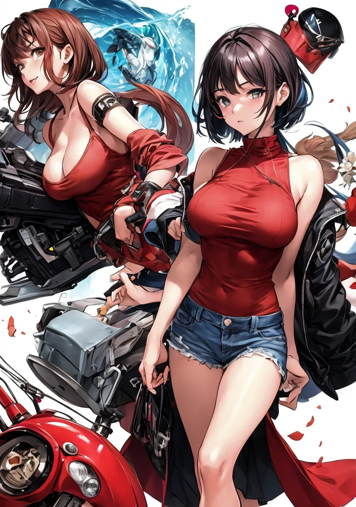 A beautiful woman with brown hair, big breasts, and beautiful legs, with a hairstyle similar to a bob cut, is standing in red clothes with bare shoulders and thin denim hot pants at the bottom.。