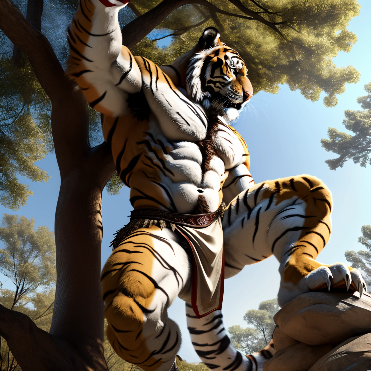 Tiger Man、Tiger face、Tiger Body、Body hair all over the body、Long body hair、thick tail、pure white belly、Patternless belly、Jumping、Kicking、straighten one leg、Upturned face、Big golden eyes、sharp claws, white fang opens、On the branches of trees、Composition from the side、White loincloth、abdominals