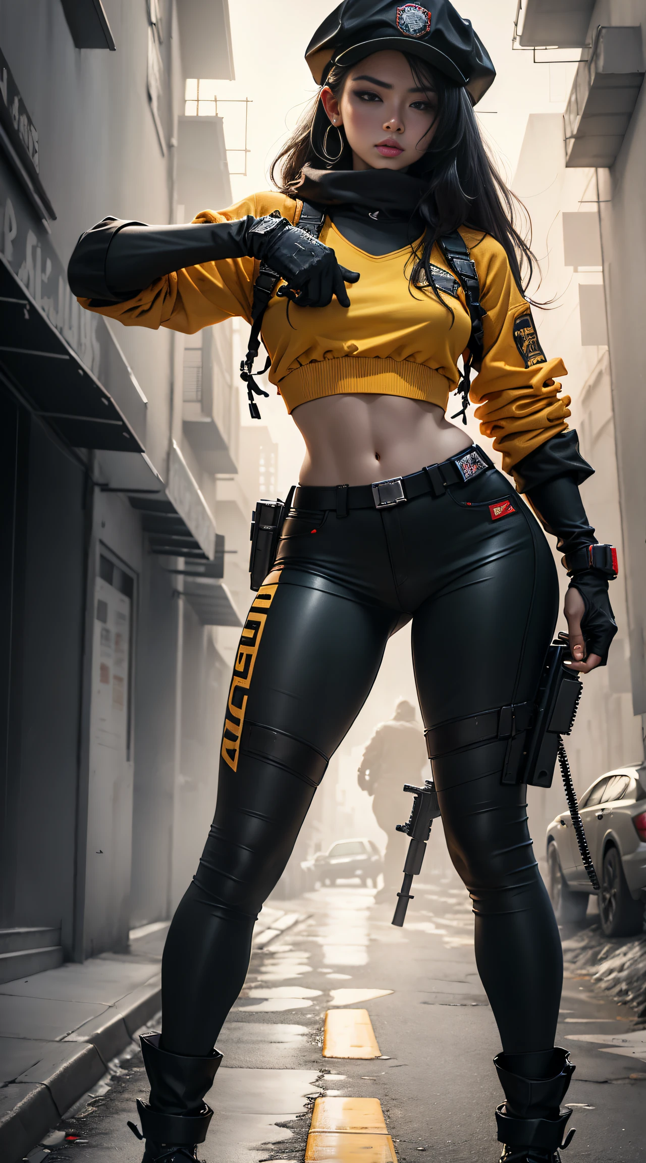 motor world,irreal:1.4,CG ultra realista 64K, fotorrealista:1.4, textura de la piel:1.4, obra maestra:1.4,Hermosa mujer con sombrero de pelo largo、holding gun, ak-47, assault rifle, kalashnikov rifle, trigger_discipline, low-ready Ropa corta estilo cyberpunk bike,color amarillo, pantimedias red, sexzy elastic pant