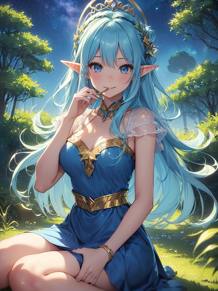 top-quality、Top image quality、masterpiece、girl with3a person((20yr old、Best Bust、big bast、Bust 90,beautiful blue long ironed hair、thin feathers、In beautiful dresses of various colors、a closeup、Playing the flute、Gold ring on wrist、beautiful tiara、hiquality、Beautiful Art、Background with((starrysky)))masutepiece、visualart、depth of fields、sky at night、、 dynamic movements、low angles、A sexy、elf'ears shine in rainbow colors、light magic、sitting on、beautiful forest trees at night々、Flute melodies🎵、Fun Concerts、Happy smile、Gentle light