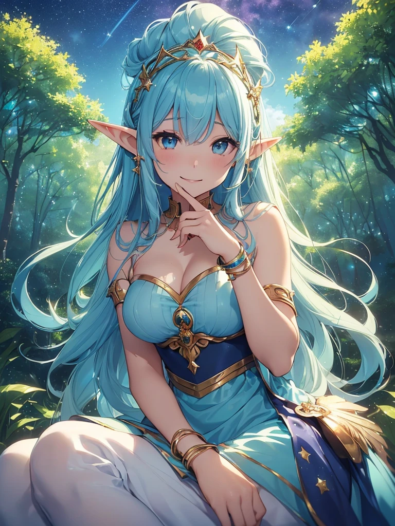 top-quality、Top image quality、​masterpiece、girl with３a person((20yr old、Best Bust、big bast、Bust 90,beautiful blue long ironed hair、thin feathers、In beautiful dresses of various colors、a closeup、Playing the flute、Gold ring on wrist、beautiful tiara、hiquality、Beautiful Art、Background with((starrysky)))masutepiece、visualart、depth of fields、sky at night、、　dynamic movements、low angles、A sexy、elf&#39;ears shine in rainbow colors、light magic、sitting on、beautiful forest trees at night々、Flute melodies🎵、Fun Concerts、Happy smile、Gentle light