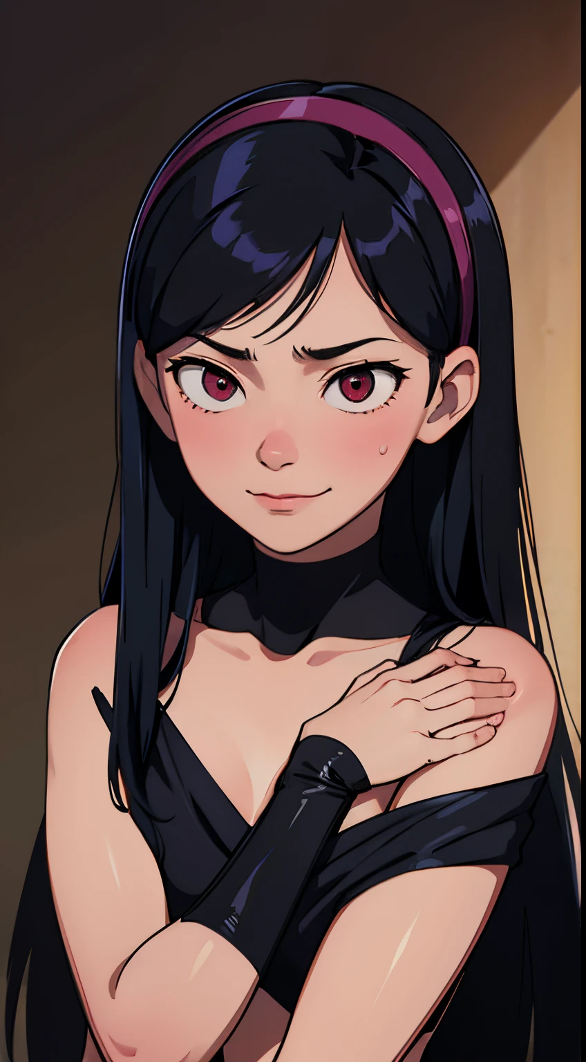 (((masterpiece))), HD 4k res image, no blur, Violet Parr possessed by perverted spirit, horror theme, in a dark bedroom, night, evil sinister smile, happy, glowing evil red eyes, seductive pose, long black hair, hairband, slender Lolicon body, small breast, h*ntai, nsfw, own hands on breast, sweating, blushing, naked