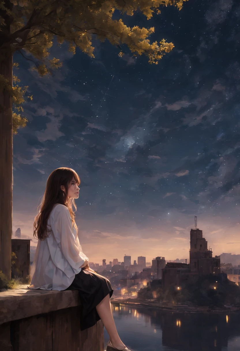 octans, sky, star (sky), scenery, starry sky, night, 1girl, night sky, solo, outdoors, building, cloud, milky way, sitting, tree, long hair, city, silhouette, cityscape