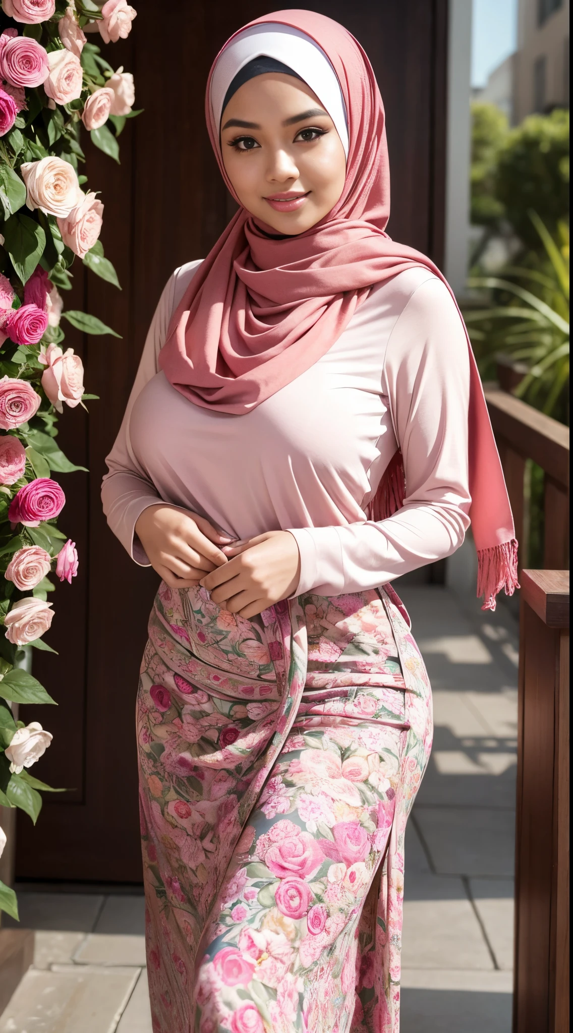 RAW, Best quality, high resolution, masterpiece: 1.3), beautiful Malay woman in hijab,Masterpiece, perfect fit body, ((Huge breast)), biggorgeous eyes, Soft smile,muslim woman in a floral dress and hijab posing for a picture, hijab, with lovely look, with beautiful colors, with accurate face, pose 4 of 1 6, traditional beauty, batik, wearing beautiful clothes, beutifull, with beautiful exotic, attractive pose, cute pose, peach and goma style, scarf, wearing pink floral chiton, very attractive , she is smiling,Delicate turtleneck, necklace, shairband, afternoon walk, City garden, Excellent lighting, Bright colors, Clean lines