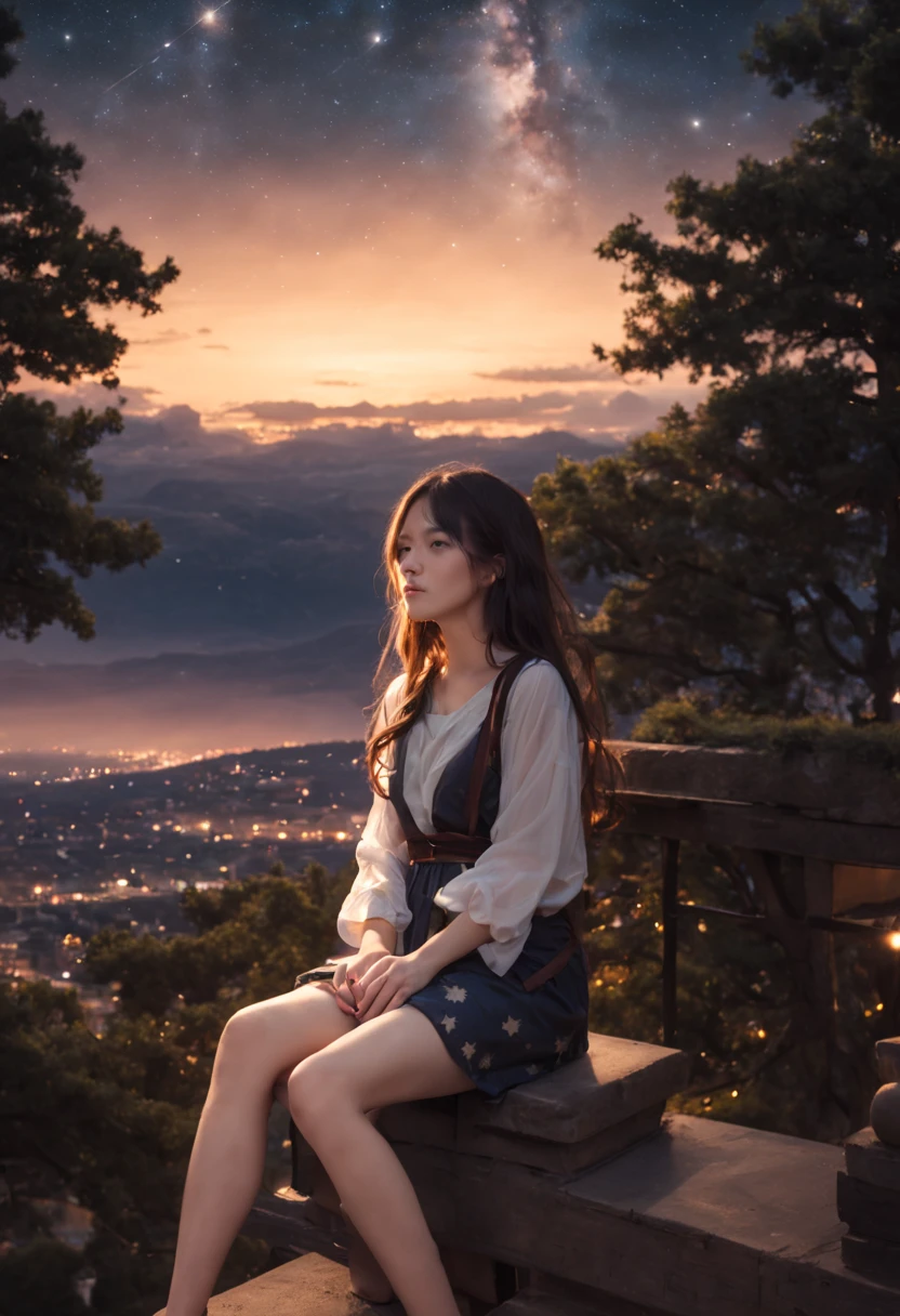 octans, sky, star (sky), scenery, starry sky, night, 1girl, night sky, solo, outdoors, building, cloud, milky way, sitting, tree, long hair, city, silhouette, cityscape