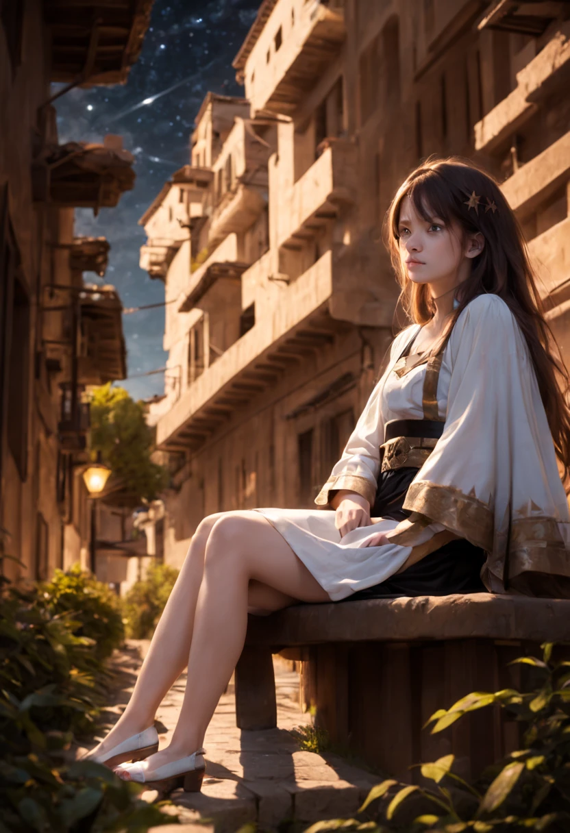 octans, sky, star (sky), scenery, starry sky, night, 1girl, night sky, solo, outdoors, building, cloud, milky way, sitting, tree, long hair, city, silhouette, cityscape