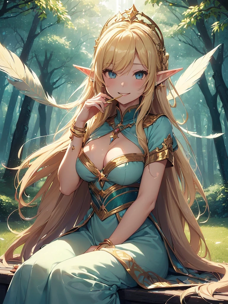 top-quality、Top image quality、masterpiece、girl with3a person((20yr old、Best Bust、big bast、Bust 90,Beautiful blonde、long ironed hair、thin feathers、In beautiful dresses of various colors、a closeup、Playing the flute、Gold ring on wrist、beautiful tiara、hiquality、Beautiful Art、Background with((starrysky)))masutepiece、visualart、depth of fields、sky at night、、 dynamic movements、low angles、A sexy、elf'Ears shine in rainbow colors、light magic、sitting on、beautiful forest trees at night々々、Flute melodies🎵、Fun Concerts、Happy smile、Gentle light