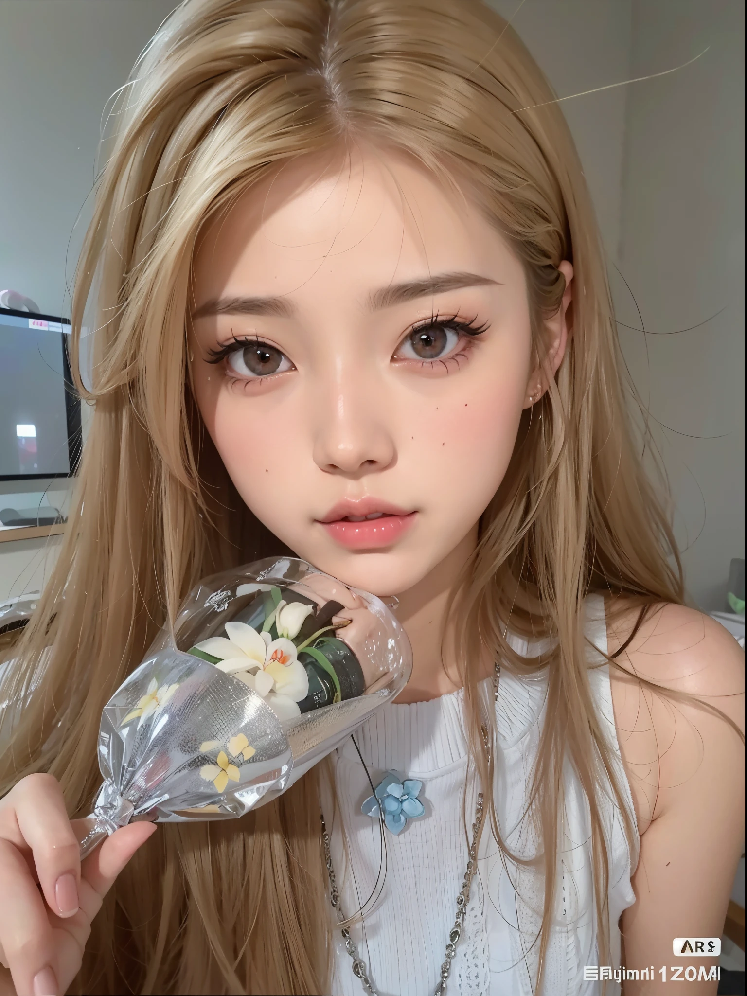 un primer plano de una mujer sosteniendo una bolsa de flores, Retrato realista kawaii, her face looks like an orchid, maquillaje popular de Corea del Sur, ulzzang, Modelo IG | Artgerm, realista. Cheng Yi, Beautiful aesthetic face, Obras de arte al estilo de Guweiz, Estilo realista de anime 3D, Linda cara de anime natural, Sakimichan