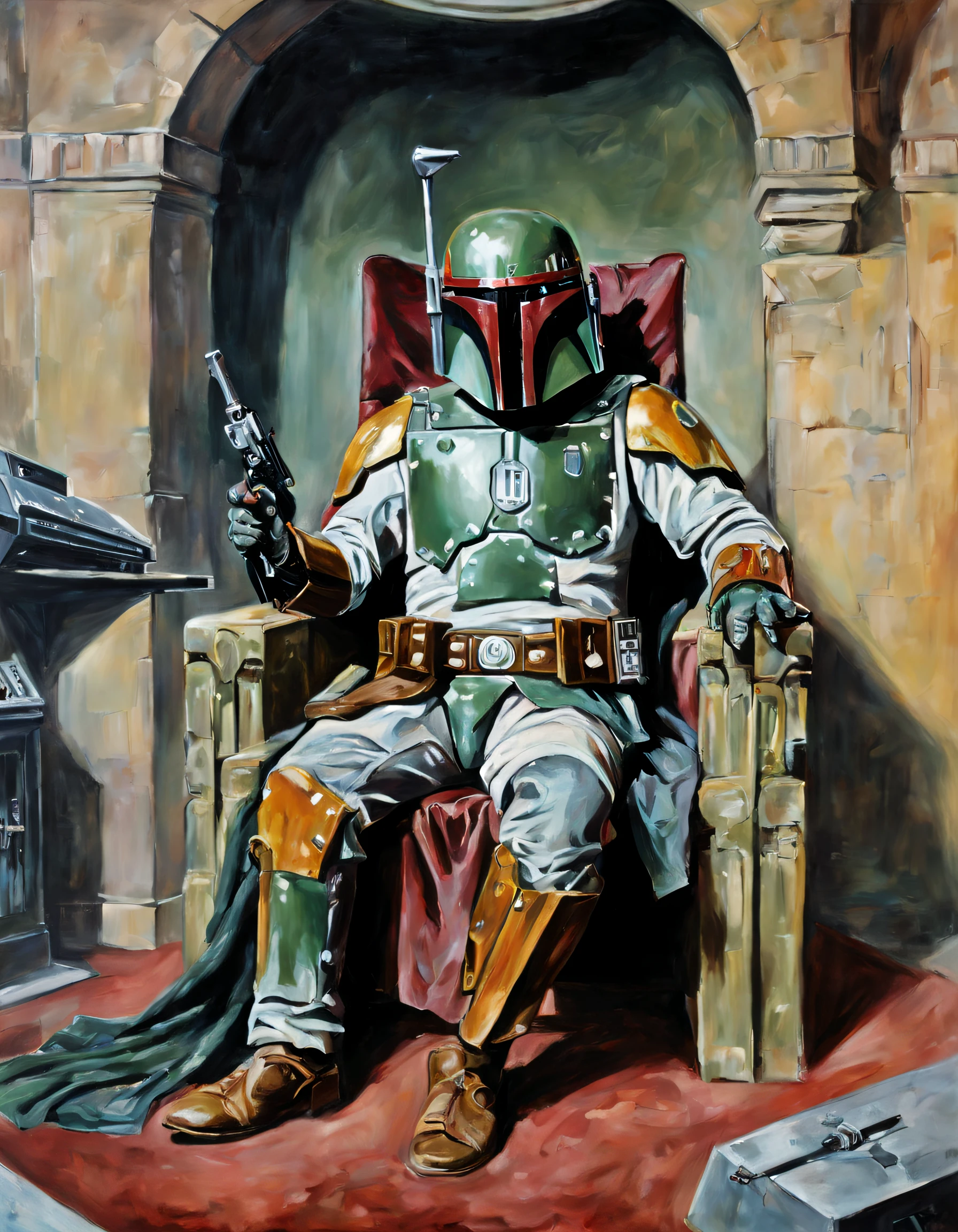 An Epic Painting of Star Wars Character Boba Fett, sitting in a wingback chair in Jabba's throne room, wearing a velvet robe like Hugh Hefner. Han Solo in Carbonite leaning against the wall behind him. BlasTER LAYING ACROSS HIS LAP
