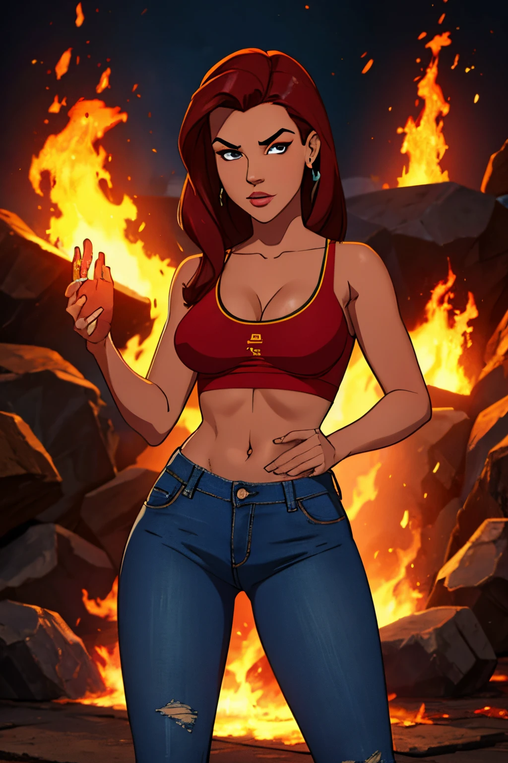 garota ruiva, jaqueta preta, Denim Jeans Pants, flames in hands