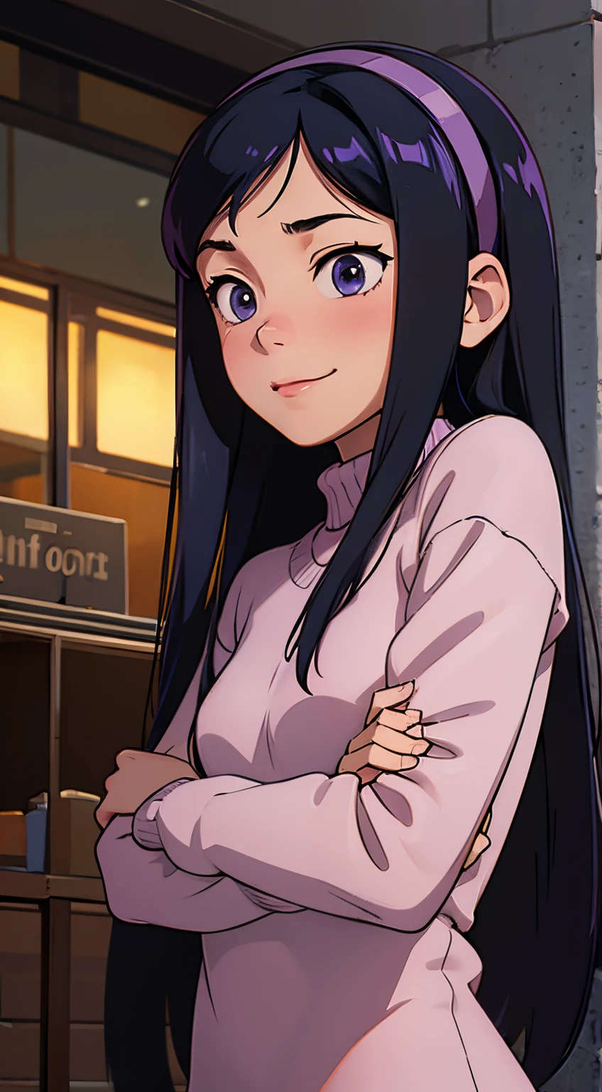 (((masterpiece))), HD 4k res image, no blur, Violet Parr l, innocent shy smile, at school outdoor, shy stand, wearing oversize sweater, hairband