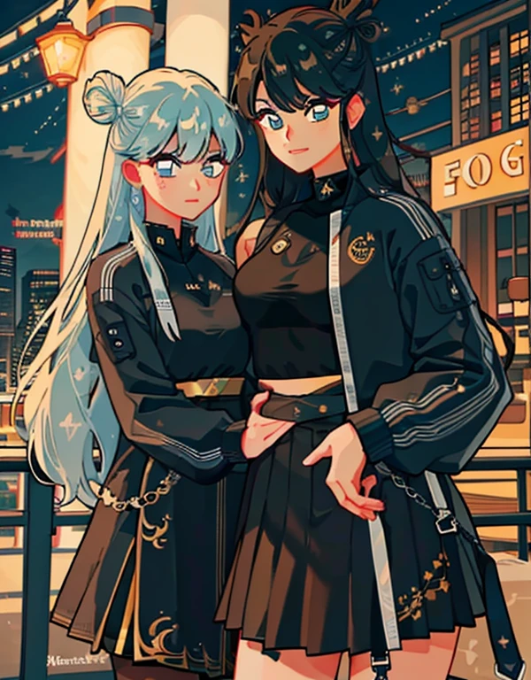 2adult women, black and blonde hair, long hair, hair bun, combat outfit, skirt, jacket, large breasts, magic wand, city square, (detailed landscape:1.2), (dynamic_angle:1.2), (dynamic_pose:1.2 ), (master part:1.2) ), (best quality, extremely high quality), (ultra detailed), (8k, 4k, complex), (cowboy photo: 1), (highly detailed: 1.2), ( detailed face: 1), (Gradients), (ambient light:1.perfect_???????:1.2), cinematic composition,