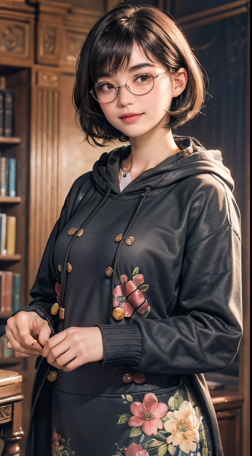 136
(a 20 yo woman,i'i'i'i'i'I'm in a dark library), (A hyper-realistic), (high-level image quality), ((beautiful hairstyle 46)), ((short-hair:1.46)), (Gentle smile), (breasted:1.46), (lipsticks), (wears glasses,wide,atlibrary), (florals), (wearing hoodies)