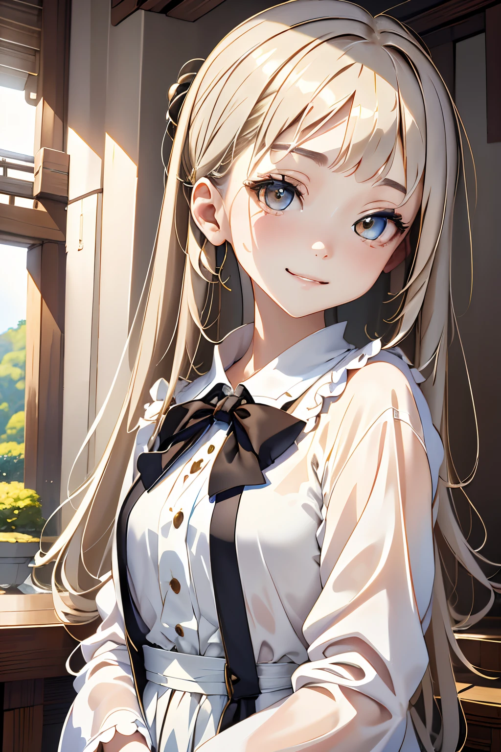 (masterpiece、top-quality、top-quality、Beautifully Aesthetic:1.2)、(Watercolor 1.5)、(Pigment Thin 1.5)、drooping eyes、a smile、(Beige tones)、Pale、Brown eyes、poneyTail、1 Girl Livi-chan、(Fractal Art:1.3)、(Beige hair 1.6)、Hazel eyes、Chiffon tops