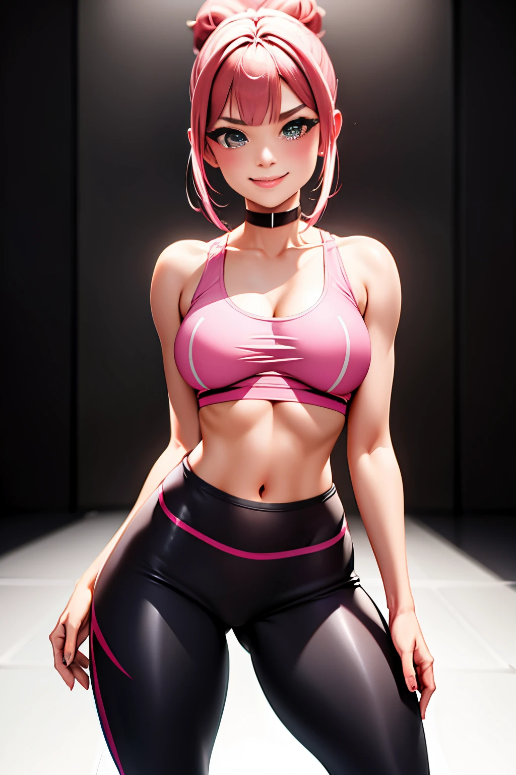 (masterpiece, best quality:1.2), solo, 1girl,smile, looking at viewer,, single hair bun, gym leggings pink , choker, small size breasts,hands squeezing boobs,