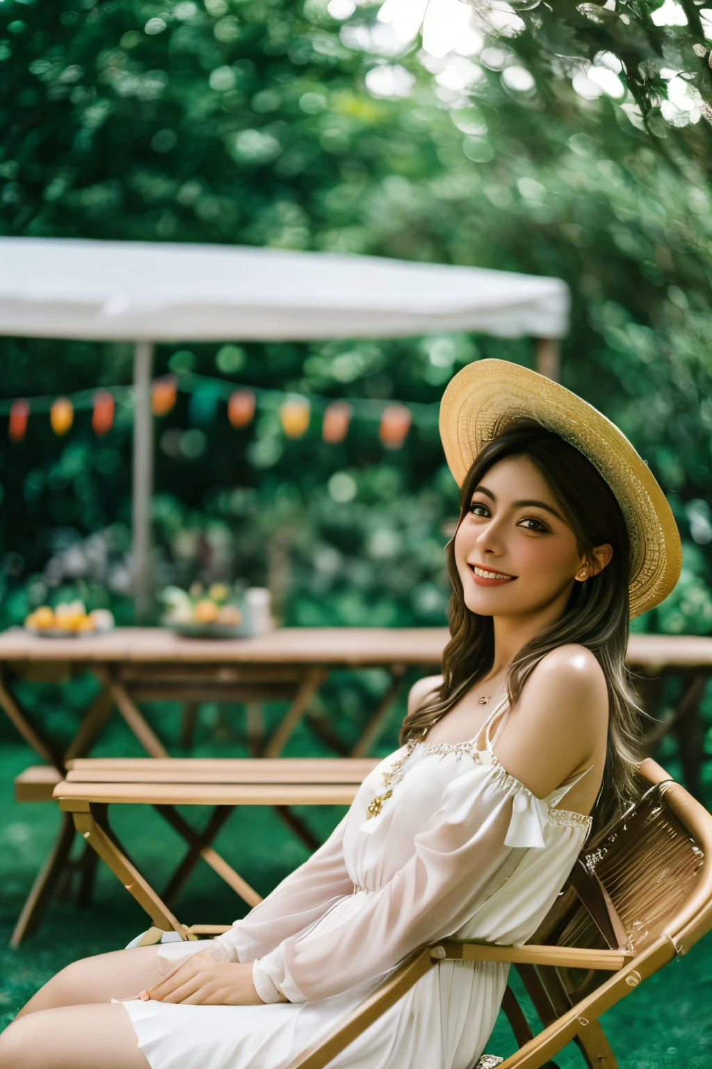 1girl, elegante vestido de flores, Sombrero de ala ancha, cautivador y elegante, (Ojos realistas y detallados, Textura natural de la piel, sonrisa suave), Lush garden setting, Flores en flor, banco de hierro adornado, Detalles intrincados, Soft, dreamy lighting, Paleta de colores pastel, poca profundidad de campo, bokeh of dappled sunlight through foliage, Altamente detallado, hyper-realistic, medium format film camera, Fondo naturalmente borroso.