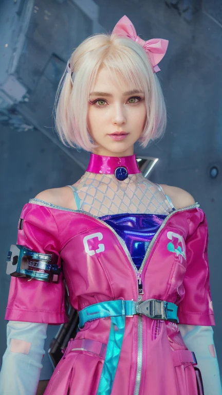a close up of a person in a pink dress with a pink bow, close up character, cyberpunk 2 0 y. o model girl, perfect android girl, fashionable cyberpunk mechanoid, hyper-realistic cyberpunk style, portrait anime space cadet girl, sharp silver armor fuchsia skin, cyberpunk style outfit, female cyberpunk anime girl, female character, cyber universe style