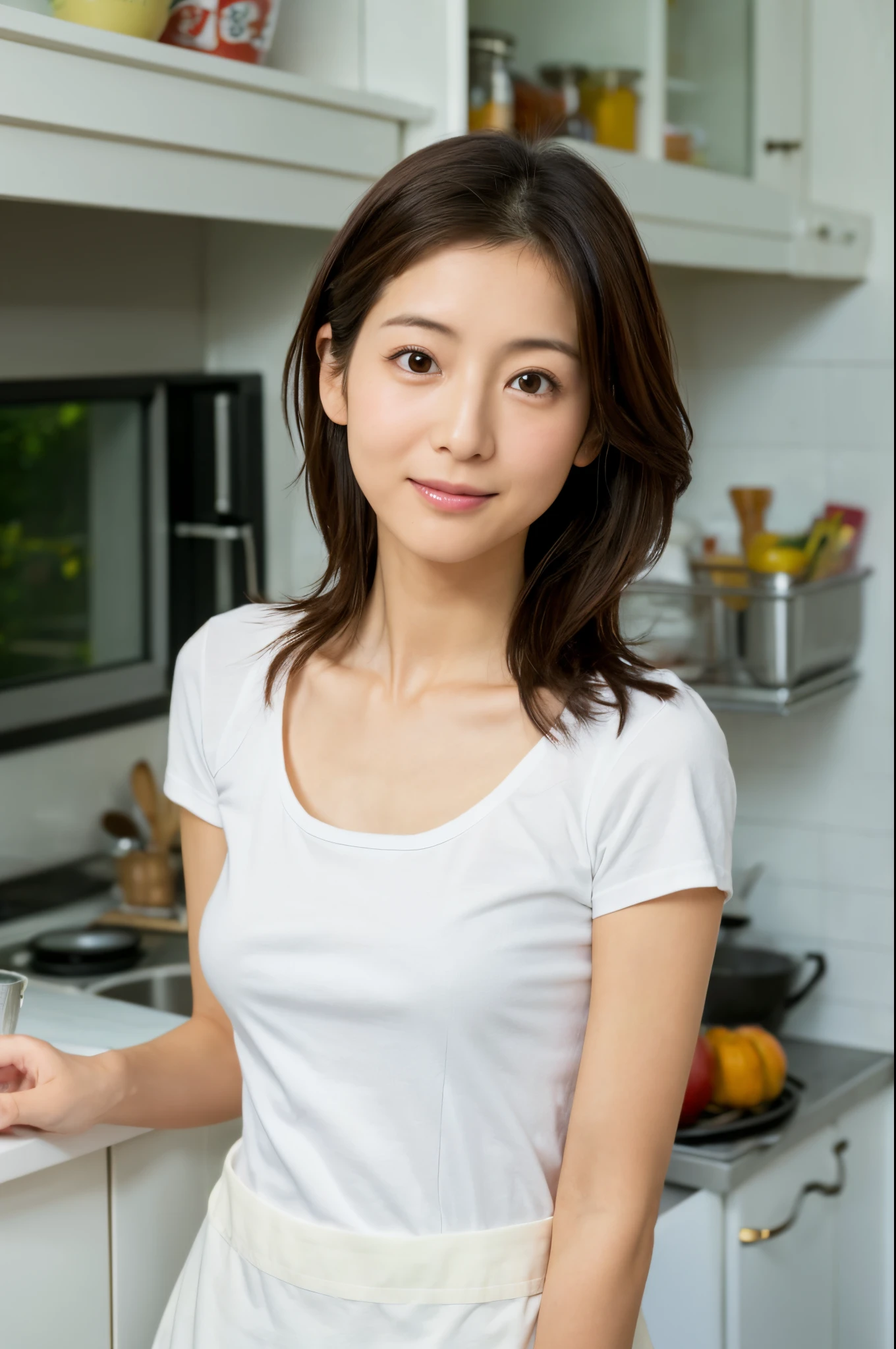 (High reality photograph, high resolusion, detailed face, detailed eyes) Skinny Japanese lady, 30 years old, cute face, various hair style, skinny figure, medium breasts, very thin waist, in a kitchen,wearing white T-shirt and apron, emphasizing breasts