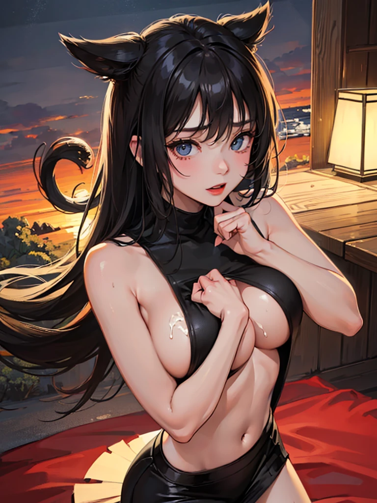 (face focus:1.5),(1girll:1.7),(solo:1.5).(view the viewer:1.4). NSFW.bob cuts. (skinny:1.7). (Slim legs:1.6) . orgasm.Short black skirt.hot onsen. (Big breasts:1.7). Black hair. Sweat. steam. (paizuri:2.0).(penis:1.3). (cum on breast:1.4).