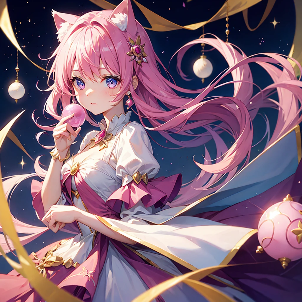 Beautiful magical girl holding an orb in her hand、Hair is pink、Eyes are blue、Has cat ears、Luxurious dresses