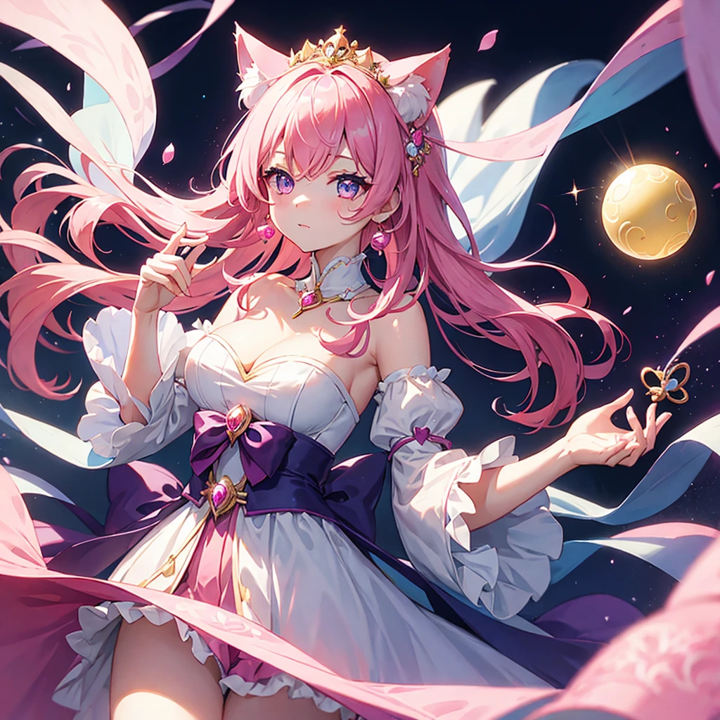 Beautiful magical girl holding an orb in her hand、Hair is pink、Eyes are blue、Has cat ears、Luxurious dresses