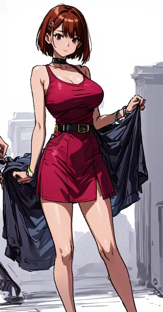 A beautiful woman with big breasts and beautiful legs and a hairstyle similar to a bob cut is standing in a red dress with bare shoulders and a denim miniskirt.。