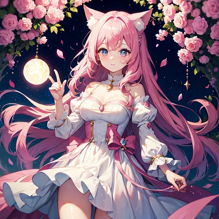 Beautiful magical girl holding an orb in her hand、Hair is pink、Eyes are blue、There are cat ears、Luxurious dresses