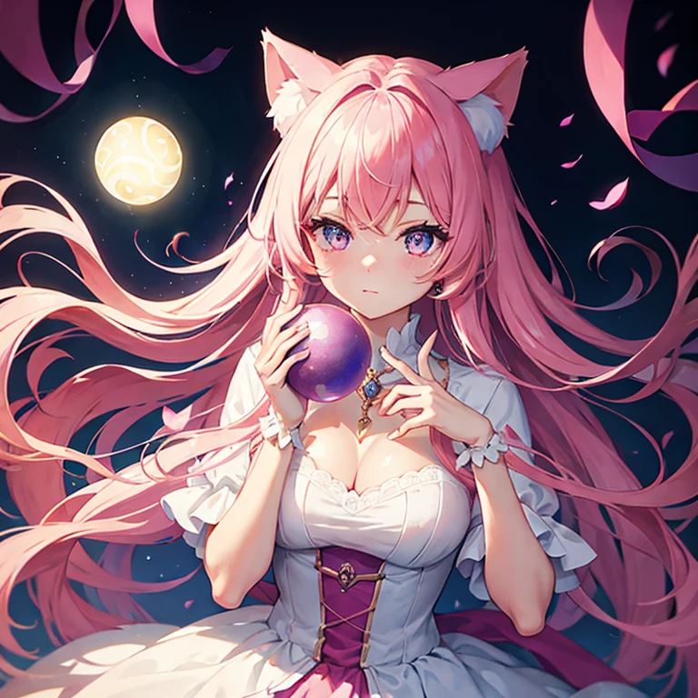 Beautiful magical girl holding an orb in her hand、Hair is pink、Eyes are blue、There are cat ears、Luxurious dresses