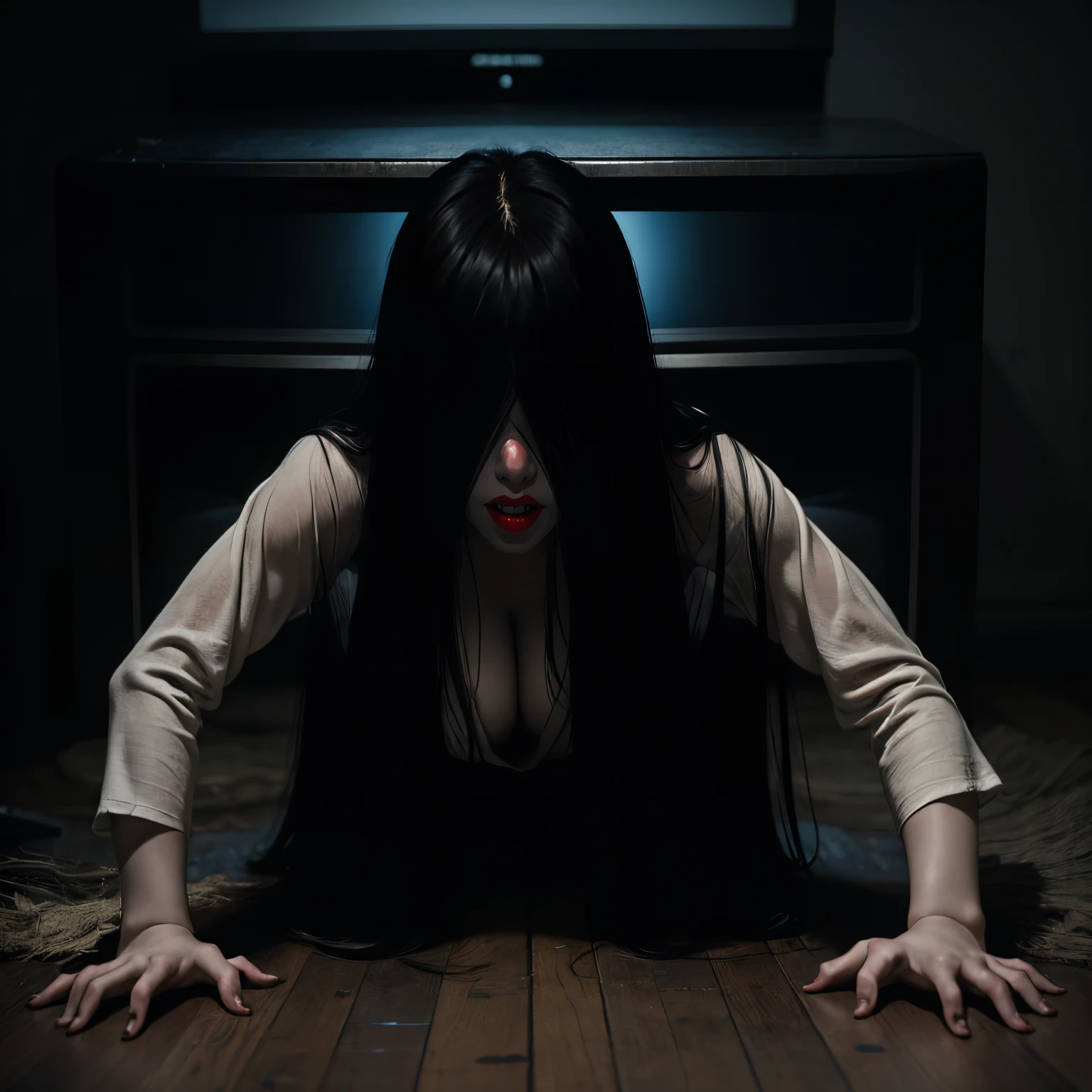 (masterpiece:1.1, Best Quality:1.1, 16K HDR, High resolution), (1girl in, Solo), Ultra-realistic portrait of Sadako Yamamura, the ring, (((Black hair, Long hair, Bangs, long bangs above the eyes))), medium boobs, medium tits, medium cleavage, medium breasts, visible nipples, Inside an abandoned hut, inside an abandoned barn, farms, Realistic skin texture, Full body shot, Perfect slim body style, White Dress, face down doggy style, (realistic describe of Sadako Coming through the TV),