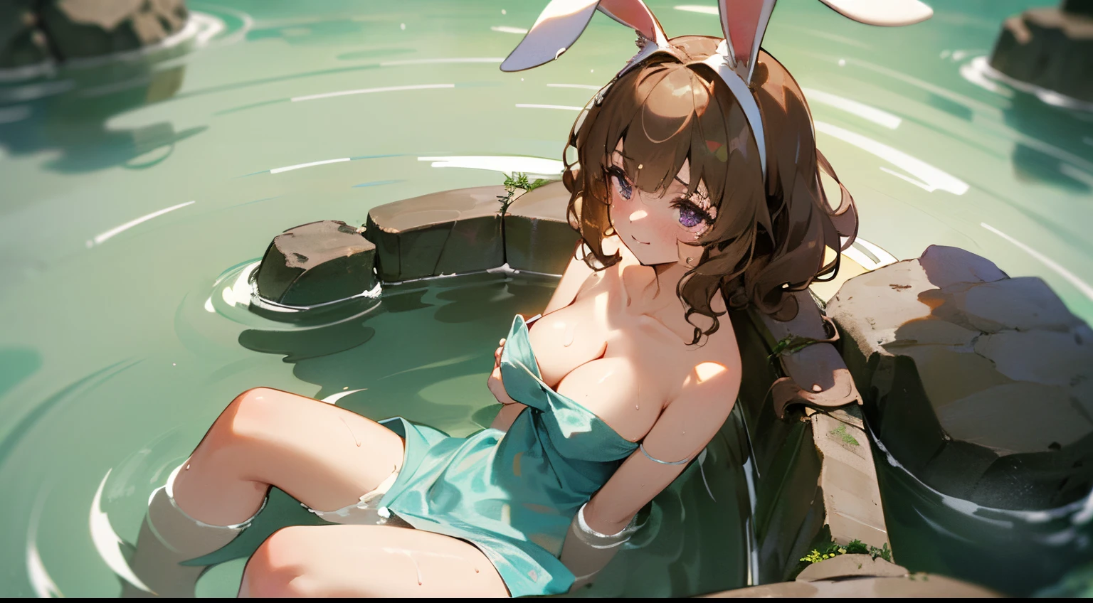 Cute, (1 girl:1.1), Solo, (light brown hair:1.3), Medium Hair, Wavy Hair, Purple eyes, Relaxed smile, (Rabbit ears:1.4), (Rabbit tail:1), rinse cut, (Chibi:1.0), (Slouch:1.4), (cleavage:1.4), (Immerse yourself in a vast rocky lake:1.6), (look from above), (barechested:1.4), (NSFW:1.2), (Wear a bath towel:1.4)