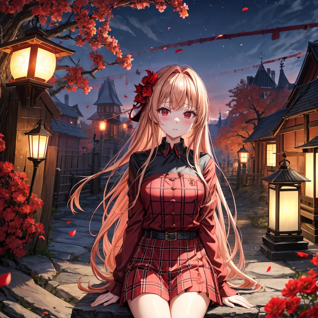 red blonde、red eyes、one good looking girl、独奏、animesque、lightly dressed、Plaid miniskirt、flower petals、wetting hair、sitting on、Black T-shirt、large tree、云、fullmoon、Nonstar Castle railroad crossing、lantern、Gates of Hell、gatekeeper of craft