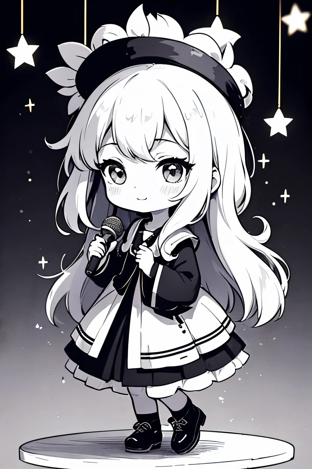 ((Monochrome Art、white and black))、 (Dynamic Pose), (The background is ruins:1.1）、Place one small doll on a circular stand、kawaii pose、A smile、A dark-haired、Chibi Doll、Stars in the eyes（kirakira）、Singing with microphone in hand、Eye Up、Laugh、Cute shoes、Ultra Detail, radiant light、bio luminescent、Stronger bokeh effect、Taken from the side