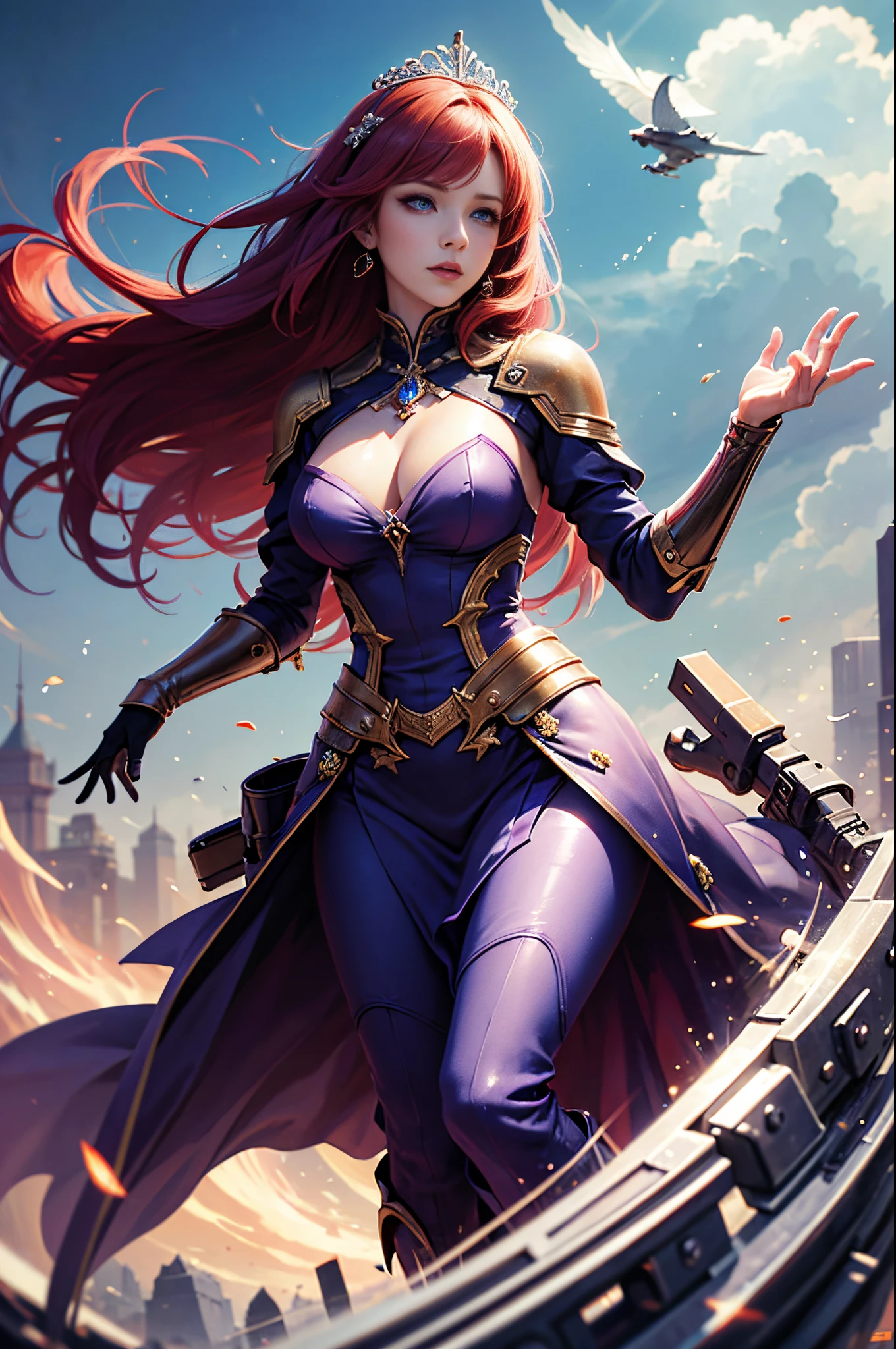 A red-haired arafe woman in a purple dress poses, concept-art:by Jeremy Chong, cg society contest winner, Fantasy Art, a beautiful fantasy empress, Fantasy Art Style, very detailed Artgerm, Fantasyart, artgerm julie bell beeple, ((a beautiful fantasy empress)), style of artgerm, Best Quality, Perfect Angle, perfect-composition, masuter piece, Best Shots, Perfect model body shape, extremely detailed and beautiful eyes, Blue eyes