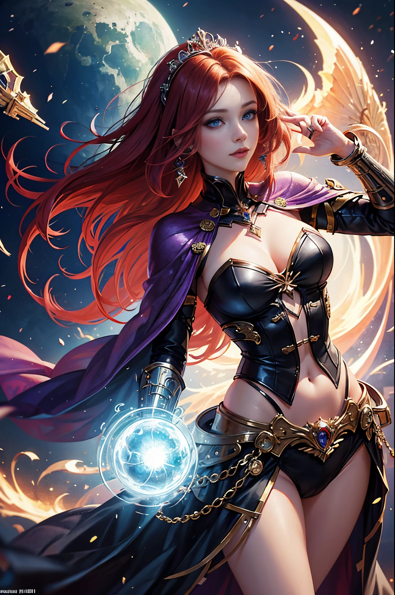 A red-haired arafe woman in a purple dress poses, concept-art:by Jeremy Chong, cg society contest winner, Fantasy Art, a beautiful fantasy empress, Fantasy Art Style, very detailed Artgerm, Fantasyart, artgerm julie bell beeple, ((a beautiful fantasy empress)), style of artgerm, Best Quality, Perfect Angle, perfect-composition, masuter piece, Best Shots, Perfect model body shape, extremely detailed and beautiful eyes, Blue eyes