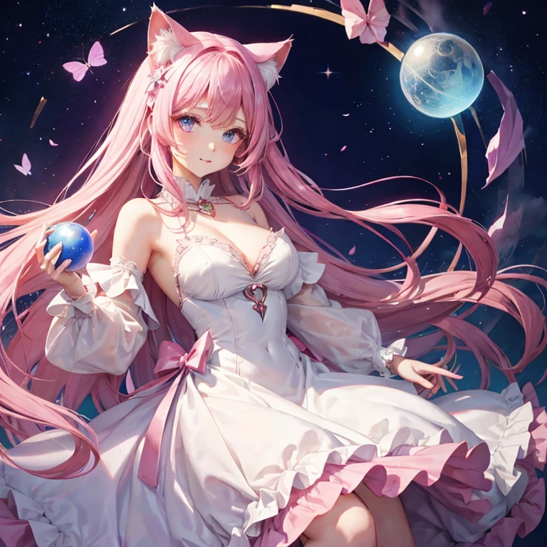 Beautiful magical girl holding an orb in her hand、Hair is pink、Eyes are blue、There are cat ears、Luxurious dresses