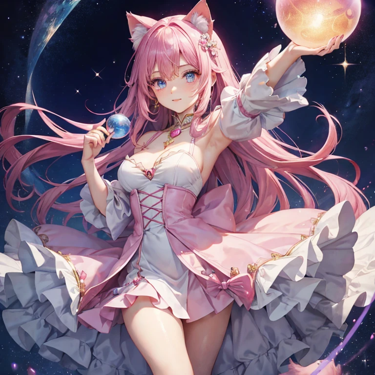 Beautiful magical girl holding an orb in her hand、Hair is pink、Eyes are blue、There are cat ears、Luxurious dresses