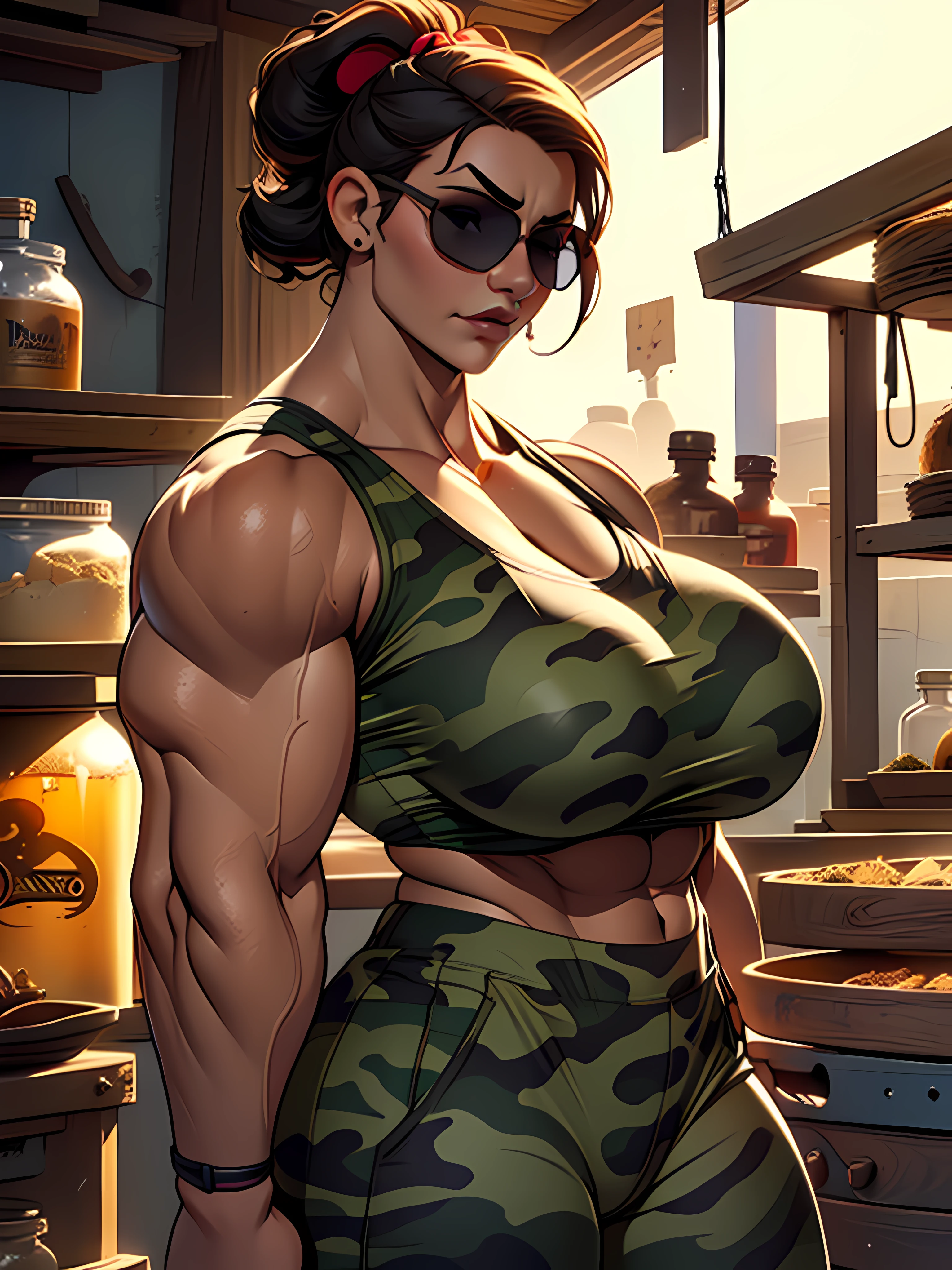 (((Luisa Madrigal from Disney's Enchanto))), ((wearing a black sunglasses)), perfect hands, smooth face, ((wide shoulder)), perfect legs, perfect skin, (((huge breasts))), ((Bodybuilder)), toned skin, ((wearing a tanktop)), inside a laboratory, (((wearing a camo pants))), perfect thighs, (((muscular woman))),