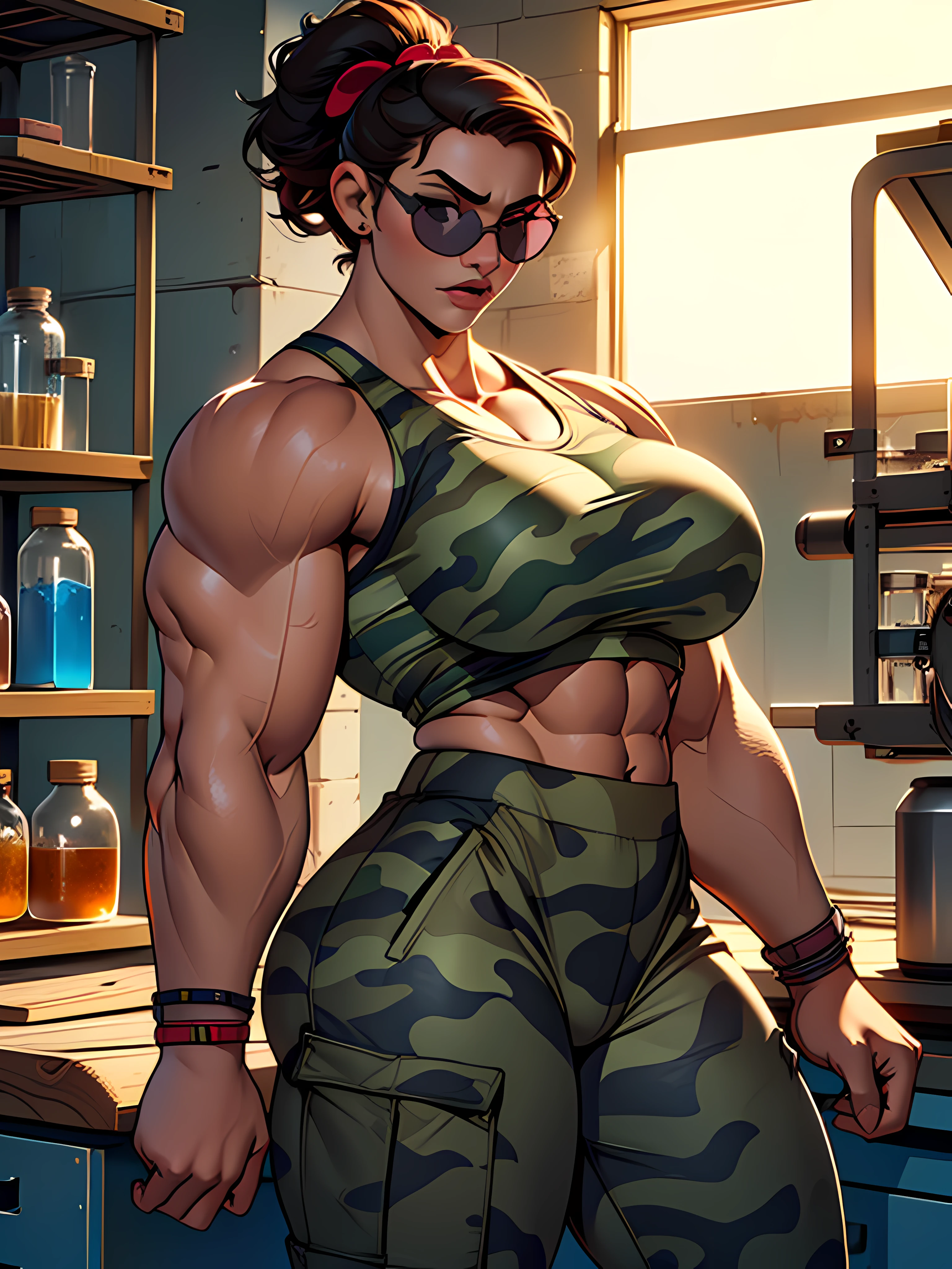 (((Luisa Madrigal from Disney's Enchanto))), ((wearing a black sunglasses)), perfect hands, smooth face, ((wide shoulder)), perfect legs, perfect skin, (((huge breasts))), ((Bodybuilder)), toned skin, ((wearing a tanktop)), inside a laboratory, (((wearing a camo pants))), perfect thighs, (((muscular woman))),