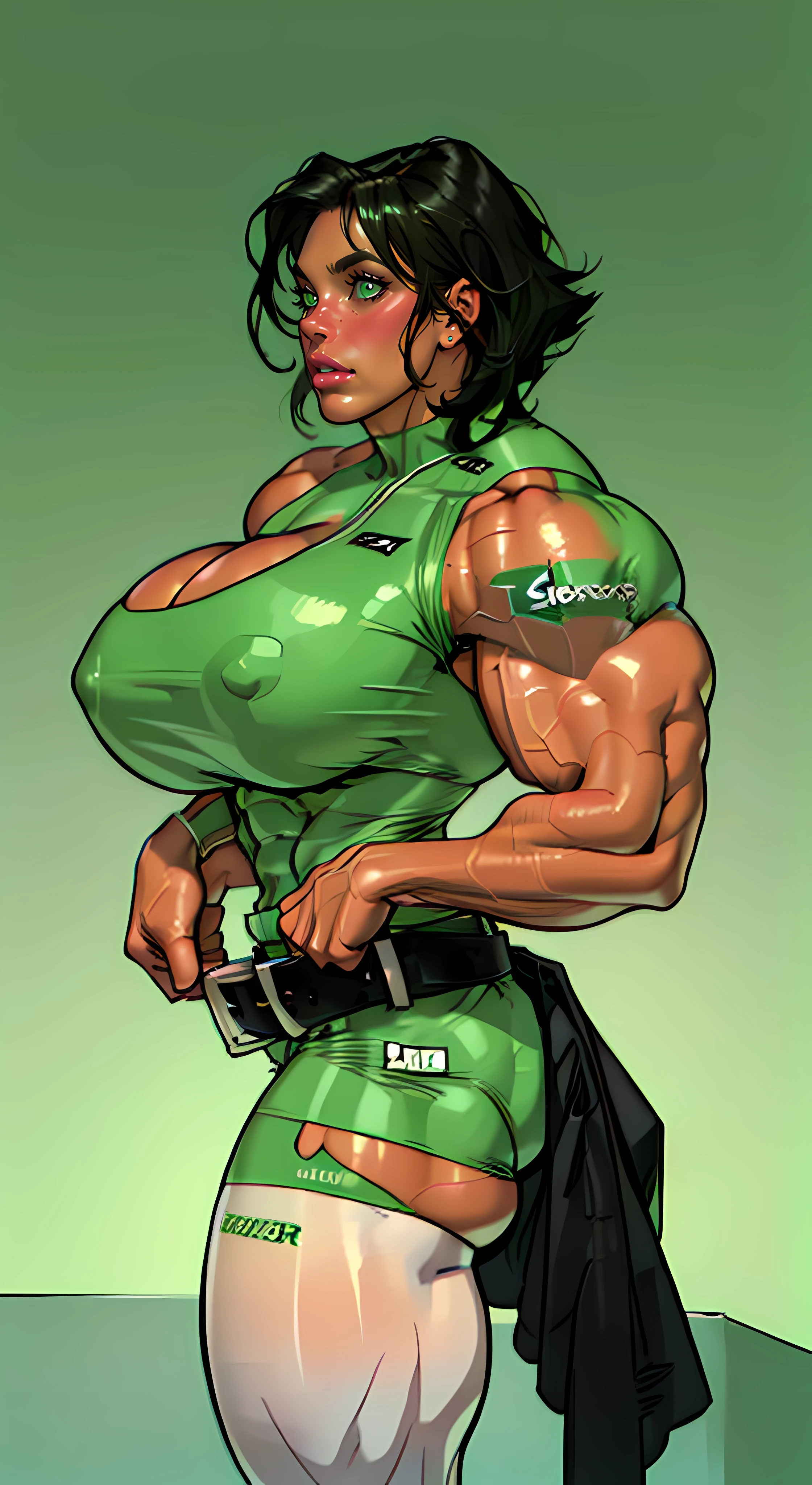 (buttercup)(black hair, green eyes, short hair, messy hair)(dress, light-green sleeveless dreslack belt, white thighhighs)(puffy lips:1.4), (((gigantic breasts:1.2))), ((Massive Bodybuilder)), masterpiece, (slendered abs:1.2) ,detailed , shiny skin, beautiful lighting from the side, harsh light, ((((huge muscles))))
