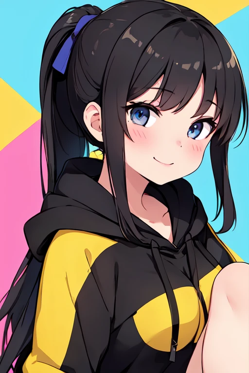 Sleeveless, Ponytail, of the highest quality, masutepiece, Realistic, Photorealistic super detail, One girl, Cute, Best Smile, Beautiful eyes, Long hair, Perfect facial features,A dark-haired，Black hoodie，Long hoodie，Futomo，Bare legged