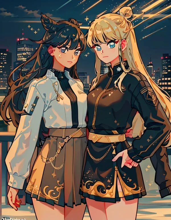 2 adult women together, black and blonde hair, long hair, hair bun, combat outfit, skirt, jacket, big breasts, thin waist, beautiful, magic wand, city square, (detailed landscape: 1.2), (dynamic_angle: 1.2 ), (dynamic_pose:1.2), (master part:1.2) ), (best quality, extremely high quality), (ultra detailed), (8k, 4k, complex), (cowboy photo: 1), (highly detailed: 1,2), (detailed face: 1), (Gradients) ,(ambient light:1.perfect_anatomy:1.2), cinematic composition,