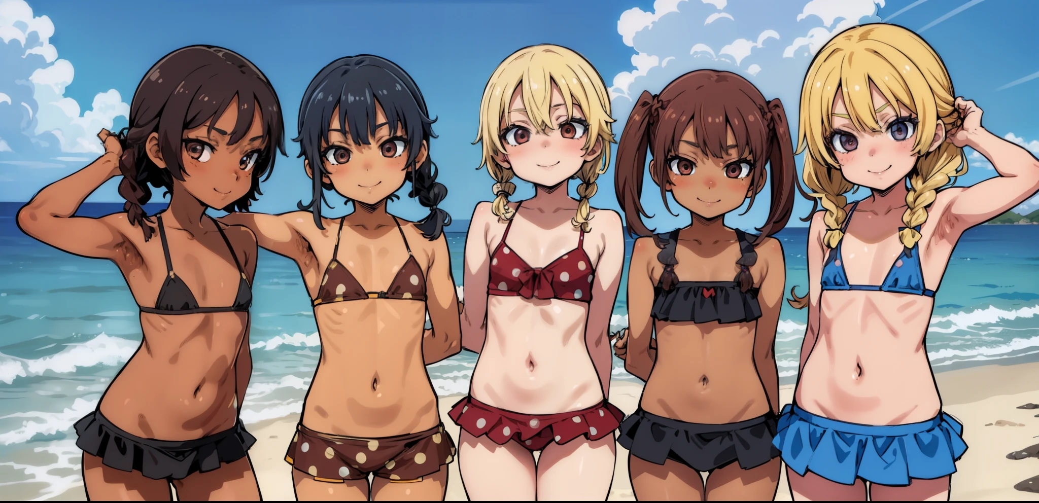 (Masterpiece), Top Quality, (Color:1.1), (5 small s, Group Photo:1.4), (slim body:1.1), (brown skin:1.1), (muscles: 1.1), (Blonde hair, Very short black hair, red hair, Twin tails, braids,) (Forward bend: 1.4), (Happy smile: 1.1), , (sexy wiry vikini, polka dots, : 1.1), Cowboy shot, beach,